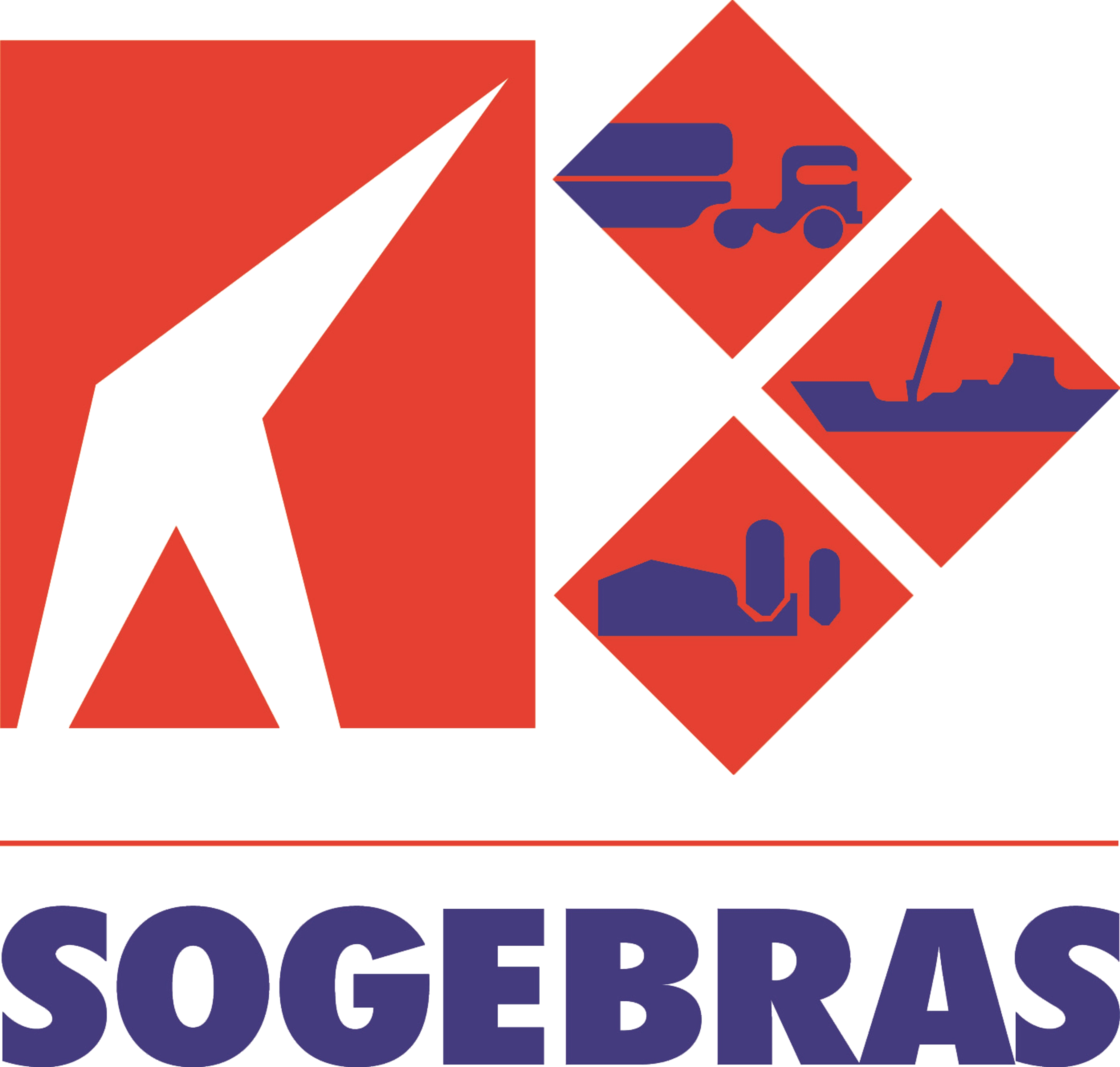 Logo rouge SOGEBRAS représentant une grue stylisée, des entrepôts, un navire et un camion